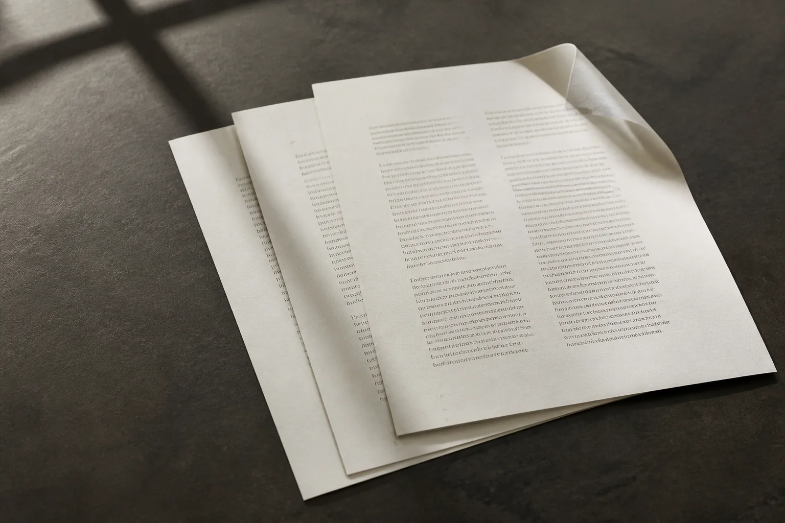 A small stack of warm uncoated editorial pages in natural window light